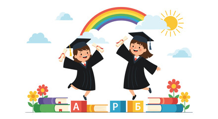 Joyful young graduates celebrate academic success in caps and gowns, jumping happily with diplomas amidst books, a rainbow, and sunshine.
