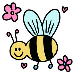Hand drawn bee and flowers for animal, insect, decorations, spring, summer, picnic, park, home yard, stickers, tattoo, blossom, blooming, cute patch, fabric print, brooch, nature, garden, outdoors