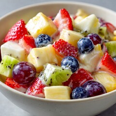 A healthy salad of chopped and mixed fruit in a white bowl.
Strawberries, kiwi, berries, pineapple, and grapes