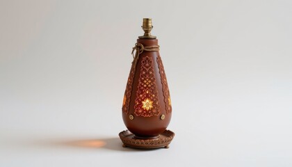high resolution isolated image: a eco friendly upcycled oil lamp made of leather wrapped with patterned shadow casting and embellished with lace trim