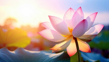 Fototapeta premium A beautiful pink lotus flower blooms in a pond, illuminated by the warm glow of the sun, with lush green lily pads and a soft blue sky in the background.
