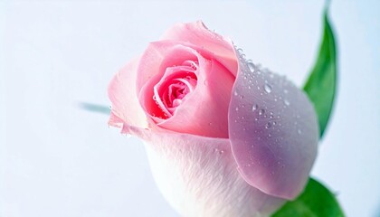 A single pink rosebud, covered in clear water droplets, is shown in a close-up view with a soft blue backdrop and a hint of green leaves.