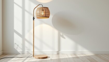 clean white background, minimal shadow: floor lamp with dimmable intensity, scandinavian cozy design, made of bamboo frame, complemented by surrounded by glass pebbles, scent: pine & cedar aroma.
