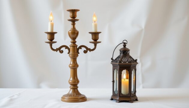 ultra sharp product shot of a candelabra (material: ceramic glaze), vintage victorian, sustainable soy blend, paired with a small lantern, displayed on seamless white backdrop