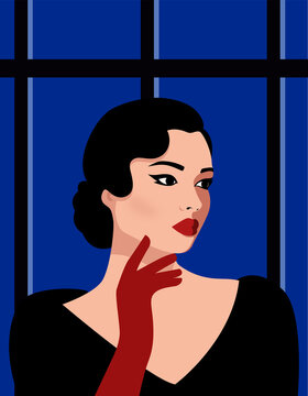 Beautiful young woman with red lips, nostalgic hair and red glove, poster and cover art