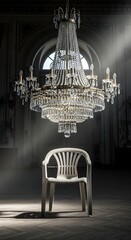 An elegant chandelier hangs from the ceiling illuminating a simple white plastic chair placed on a dark wooden floor in a grand room with arched windows and intricate wall details