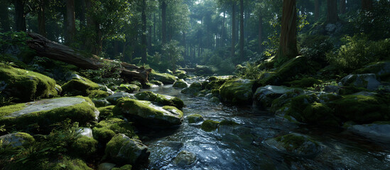 Enchanting forest stream cascading over mossy rocks and fallen logs, capturing nature's tranquility and serenity for relaxation and environmental awareness