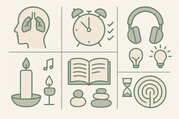 Visual representation of mindfulness practices featuring breathing techniques, time management tools, cognitive focus, meditation symbols, and relaxation methods illustrating well being