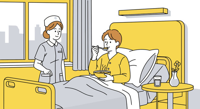 Hospital Scene Depicting Patient Being Fed by a Smiling Nurse With Kindness