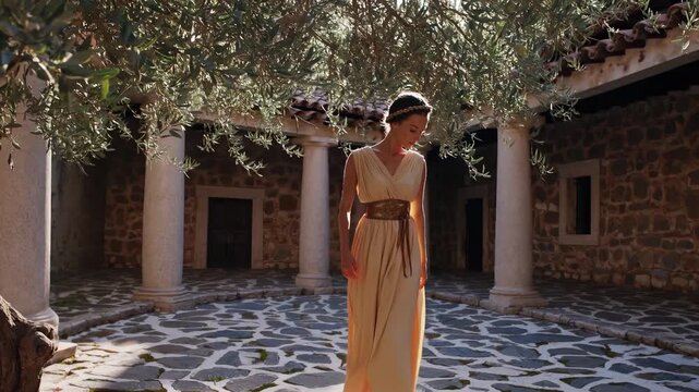 Woman walks through courtyard under sun. Flowing dress moves with gentle breeze. Olive tree casts patterned shadow near stone column. Historic architecture frames peaceful travel and vacation story.