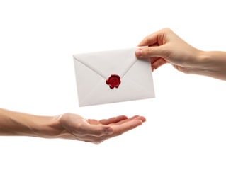 Hand passing a sealed envelope with red wax seal isolated on transparent background
