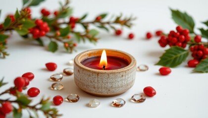 ultra sharp product shot of a battery tea light (material: stoneware), eco friendly upcycled, built in diffuser for essential oils, surrounded by glass pebbles