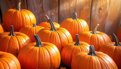 A close-up view of a collection of ripe, orange pumpkins with visible stems, displayed in front of a weathered wooden surface.