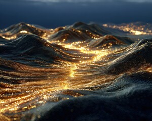 Abstract Golden Nodes Connected in Complex Network on Dark Background with High Detail and Texture Forming Wavelike Structures Illuminated by Glowing Light