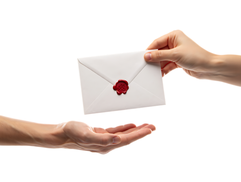 Hand passing a sealed envelope with red wax seal isolated on transparent background