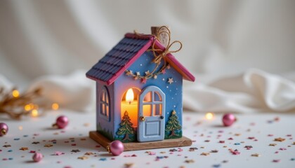 miniature candle house in frosted glass, playful colorful, emitting a midnight navy, featuring built in diffuser for essential oils, product style isolated shot on pure white background