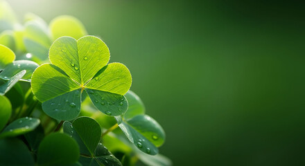 Close up of fresh green shamrock leaves with soft blurred dark background, natural spring foliage perfect for nature, holiday, and botanical themes