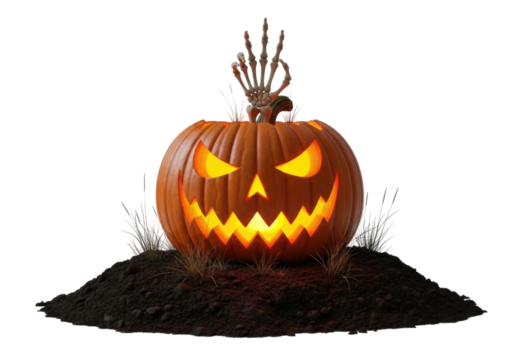 Scary jack o lantern with skeleton hand transparent background cutout png