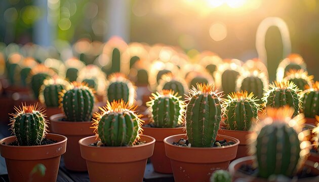 Numerous small, potted cacti are arranged closely together, their green bodies and sharp spines highlighted by the warm glow of the sun.