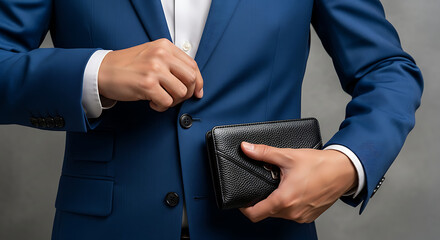 Man fastening his blue suit jacket, holding a wallet for securing essentials
