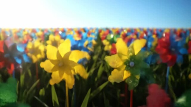 Colorful pinwheels field landscape under blue sky. Sunny day, children toys.
