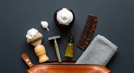Men's Grooming Kit with Shaving Brush and Razor on Dark Surface beard