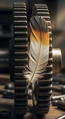A close-up view of a feather resting on a set of interconnected gears in a mechanical environment, highlighting the contrast between natural and industrial elements