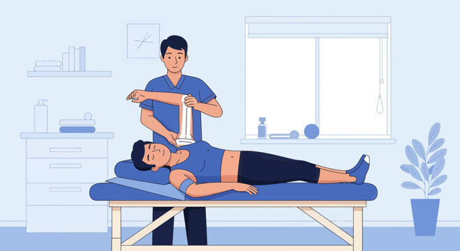 Medical Professional Applying Bandage to Patient's Arm in Modern Consultation Setting