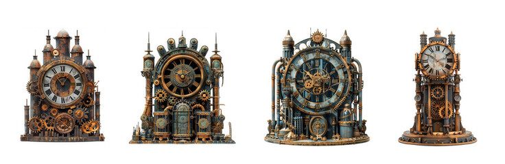 Obraz premium Four intricate steampunk clocks with gears, pipes, and clockwork mechanisms, isolated on transparent background