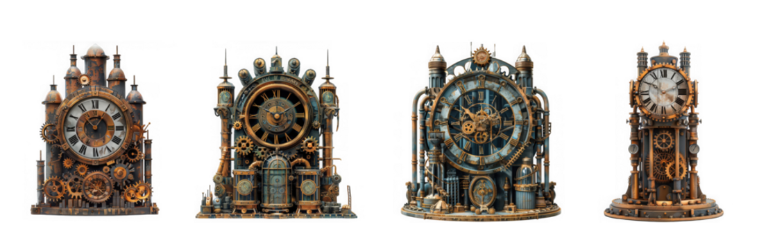 Four intricate steampunk clocks with gears, pipes, and clockwork mechanisms, isolated on transparent background - Powered by Adobe