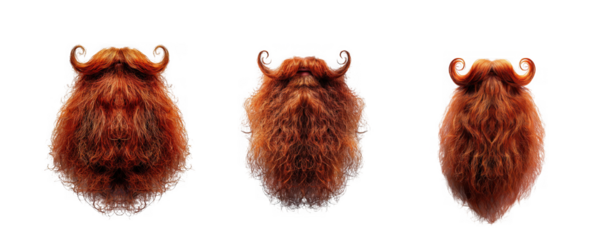Three fluffy brown beards with curled ends isolated on transparent background