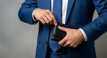 Businessman in a suit reaching for his wallet, symbolizing financial transactions and wealth