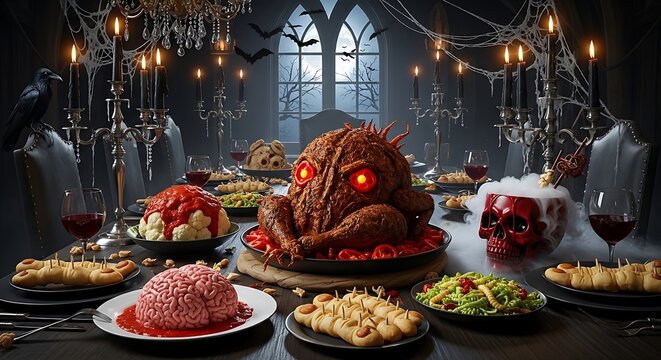 Spooky Halloween dinner table with monstrous food and decorations creepy - Powered by Adobe