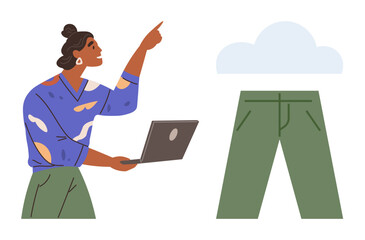 Woman holding laptop, gesturing toward cloud and green trousers. Ideal for innovation, imagination, creativity, remote work, problem solving, digital concepts abstract thinking. Simple flat metaphor