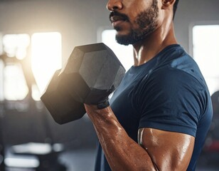 A man with a beard is captured mid-lift, concentrating while performing a bicep curl with a heavy, hexagonal dumbbell.