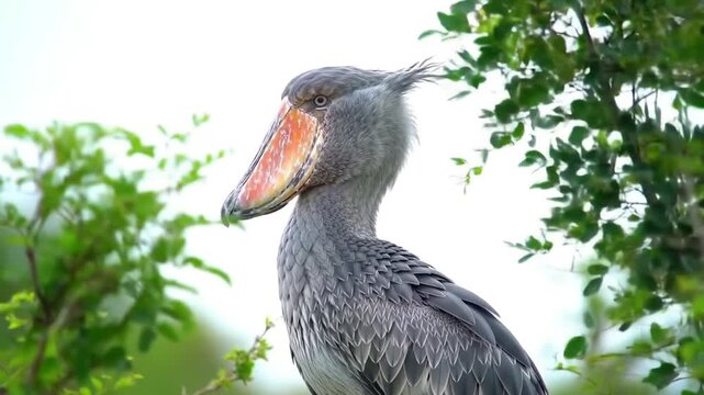 A Majestic Shoebill Stork: Captivating Close-up in Lush Green Habitat for Birdwatching