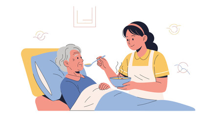 Illustration Of Caring Nurse Feeding Elderly Patient In A Hospital Bed