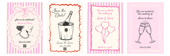 Ink doodle sketch wedding invitation set. Hand drawn frames with elegant bride, ice bucket, heart balloons and sparkling champagne glasses. © MandarinkaArt