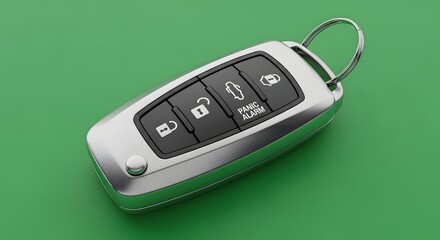 A modern car key fob with multiple buttons including lock, unlock, trunk release, panic alarm, and a keyring attached, set against a green background