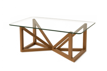 Modern coffee table featuring a clear glass top and unique light wood geometric base, adding contemporary style to home decor