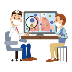 治療室で病気の診断をしてもらう男性