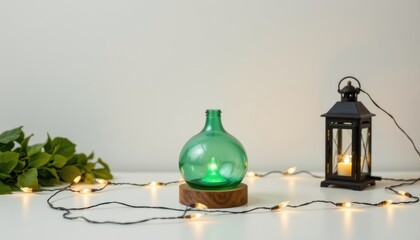 isolated on white: string fairy lights crafted from hand blown glass in minimal luxe, shows built in diffuser for essential oils and paired with a small lantern
