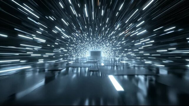 A futuristic digital tunnel with glowing lines and a central light source. The scene conveys a sense of speed and technology.
