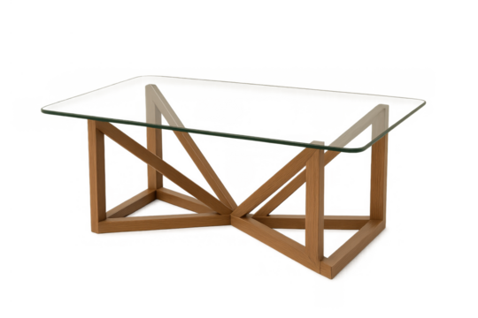 Modern coffee table featuring a clear glass top and unique light wood geometric base, adding contemporary style to home decor