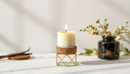 ultra sharp product shot of a miniature candle house (material: cork base), luxury glam, scent infused soy wax, mounted on a geometric stand