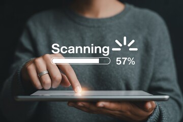 Scanning progress bar on tablet device with finger touch screen technology and scan complete process on transparent background