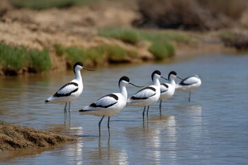 Obraz premium Four black white birds stand in shallow water near a grassy bank on a sunny day