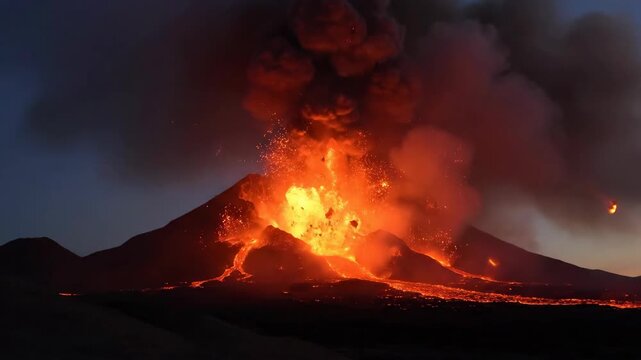 Volcano eruption at night with flowing lava and smoke plume, landscapes nature.