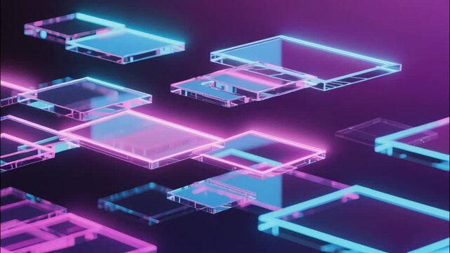 Video of futuristic 3d glowing glass rectangles and squares moving in abstract digital pattern
