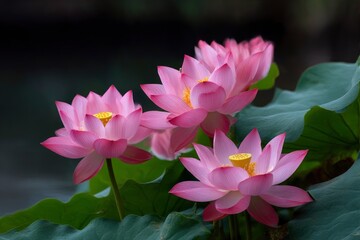 Four pink lotus flowers with yellow stamens and large green leaves are set against a dark blurred background